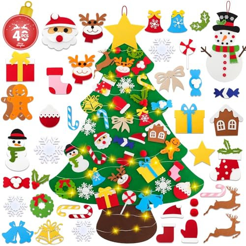 AOUVT Albero di Natale in Feltro per Bambini, Decorazione per Albero di Natale in Feltro Fai da te, Albero di Natale in Feltro con 40 Addobbi Rimovibili e 30 luci LED, Regali di Natale per Bambini