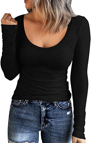 Smile Fish Women Long Sleeve Scoop Neck Ribbed Fitted Knit Shirt Basic T-Shirts, Black S