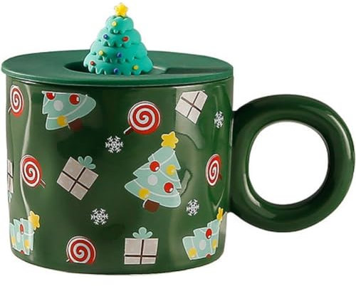 SuperglockT Weihnachtstasse Lustige Weihnachtsmotive Keramik Kaffeetasse mit Deckel Teetasse 400ml Weihnachtsbecher Geschenkidee für Freunde Kollegen Mama Papa Oma Opa (Wehinachtsbaum)