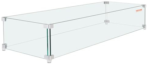 VEVOR Pare-Vent pour Foyer, 595x190x165 mm Pare-Vent en Verre Trempé pour Brasero Écran de Protection Rectangulaire Pare-Flamme Robuste Coupe-Vent Stable Épaisseur 8 mm avec Support Coin Dur et Pieds