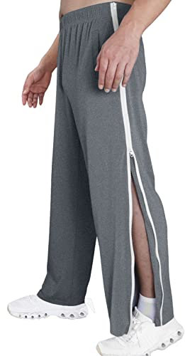 Reha Hose Damen Herren Seitlich Zu Öffnen Lang Baggy Trainingshose mit Seitlichem und Reißverschluss Am Bein Weites Bein Schnellfickerhose Druckknöpfen Sporthose Freizeithose(01 Dark Gray,3XL)