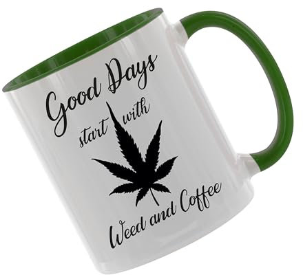Crealuxe Kaffeetasse - Good Days start with Weed and Coffee - Spruchtasse, Bürotasse, bedruckte Keramiktasse, Hochwertige Kaffeetasse, Tasse personalisiert mit Name/Spruch (Grün)