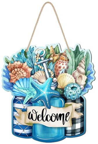 Fangoo Cartello di benvenuto da spiaggia per porta d'ingresso nautico estivo ghirlanda costiera decorazione ghirlanda stella marina cartello da appendere in legno oceano con corde ornamento