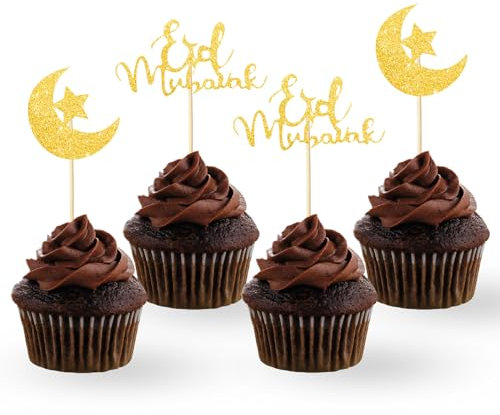 iwiio Eid Mubarak Tortenaufsätze, Eid-Dekorationen, goldener Glitzer, Stern, Mond, Eid, Cupcake-Topper, Ramadan, muslimische Hajj-Eid-Dekoration für Eid Mubarak, Party-Kuchendekorationen, 24 Stück