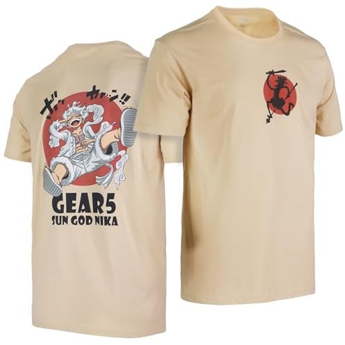 One Ruffy Piece Monkey D Luffy Sun God Nika Gear 5 Devil Fruit Anime Fans Premium 100% Cotton Crew Neck Short Sleeve Men's T-Shirt(Beige,L)