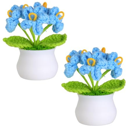 JUSTOYOU künstliche Blume Häkelblumen Topfpflanze, Mini gestrickter Blumentopf, kleine handgefertigte Häkelblume für Home Office Tischdekoration, Geschenk für ihren Valentinstag (2, Blaue Blume)