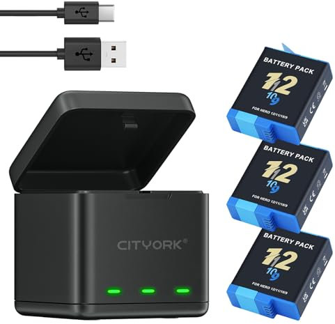 CITYORK Kit de chargeur de batterie pour GoPro Hero 12 Hero 11/10/9 noir avec emplacements de type C à trois canaux avec affichage LED et câble USB (1 chargeur + 3 batteries)