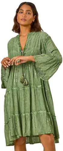 Roman Originals Smock Dress for Women UK Ladies Cotton Summer Embroidered Frilled Tiered Casual Beach Cruise Holiday Cocktail Party 3/4 Sleeve Pull On Gathered Skirt - Green Shimmer - Size 12