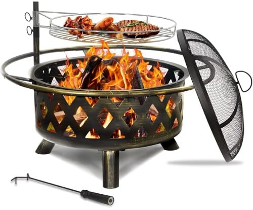 UDPATIO Braciere da 78 cm, con griglia, parascintille e gancio (45 cm), braciere in acciaio per barbecue, braciere per giardino, nero, 78 x 78 x 58 cm