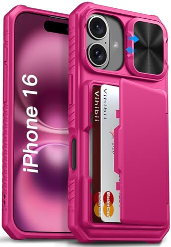 Vihibii for iPhone 16 Case Wallet with Card Holder (4 Cards) [RFID Blocking] & Slide Camera Cover & Raised Edges Protect Screen, Shockproof Rugged Phone Case for iPhone 16 6.1 2024, Pink