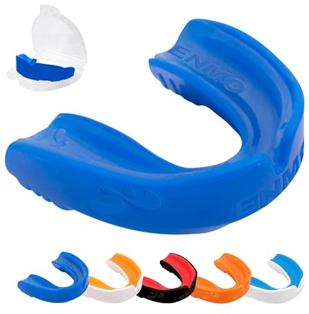 Enmo Maxilla Gel Gum Shield - Adult & Junior 10+ Mouth Guard with Case for Rugby, Boxing, Hockey and Contact Sports - Mouthguard with Boil & Bite, Breathing Channel Tech, Dual Layer - Blue/White