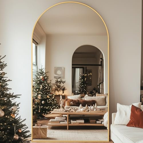 antok Ganzkörperspiegel, 188 x 114 cm Gewölbter Standspiegel Groß in Voller Länge, Wandspiegel mit Aluminiumlegierung Rahmen und Bruchsichere Glas, Bodenspiegel für Wohnzimmer, Ankleide, Gold