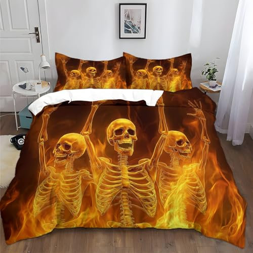 Bettwäsche 155x220cm Flammengoldener Totenkopf Polyester Baumwolle Bettbezug Set mit Kissenbezug 80x80 cm, Komfortabler Weicher Bettbezüge mit Reißverschluss