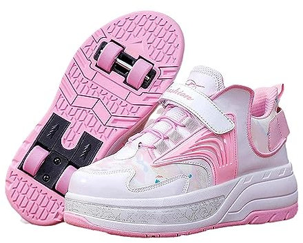 Schuhe mit Rollen für Jungen & Mädchen,Schuhe Rollschuhe,Abnehmbar Kinder Rollschuhe Schuhe mit 4 Rollen, Multifunktionale Schuhe,Outdoor Sneakers Turnschuhe Skateboard Schuhe -Pink||43 EU