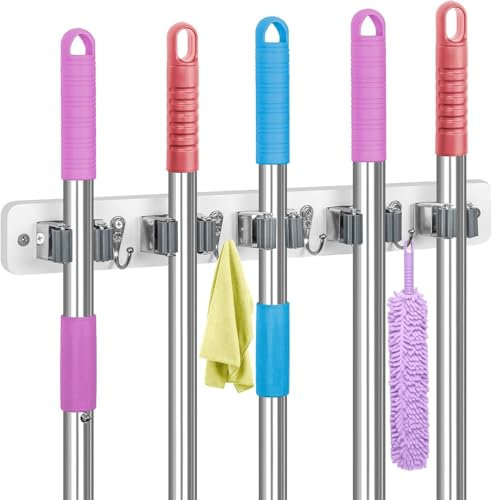 GUOOUG Besenhalterung Wand, Holz Gerätehalter Wandhalterung mit 5 Halter und 4 Haken, Gartengerätehalter Werkzeughalter Besenhalter Mopphalter Wandhaken für Badezimmer Garten Garage