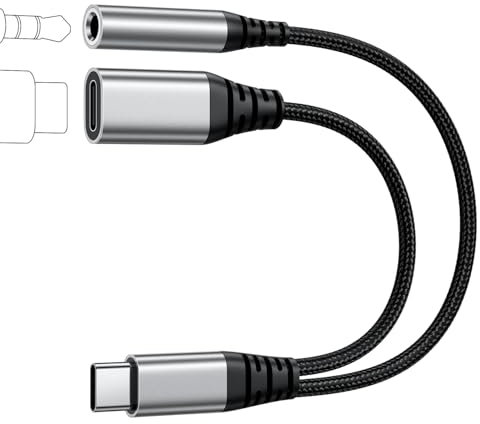 USB C to 3.5mm Jack and Charger Adapter, USB C Splitter, 2 in 1 Audio+Charger Splitter 3.5mm Earphone Cable Adapter with PD 60W Fast Charging for Samsung, i-Pad, iPhone 15 16, and More Type C Devices