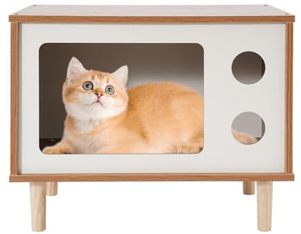 Katzenhaus - Katzenbett Indoor aus Holz, TV-förmiger Katzenunterstand, Bodenstehend Katzenschrank, Katzenkorb, Katzenhütte mit Katzenhöhle, 50 x 29 x 40 cm (Walnuss, E1)