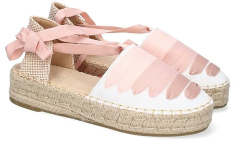 92392 Alpargarta Plana Estilo Valenciana para Mujer, Comodas y Elegantes, Diseno Moderno con Cintas en la Pala Decorativas y Cierre de Cintas al Tobillo, Ideales para Primavera-Verano. Rosa Talla 40