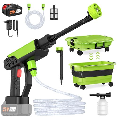 Hidrolimpiadora Bateria, 30 Bar Pistola de Agua a Presión con Cubo Plegable de 22L, 1 Batería de 3,0 Ah, Boquilla 6 en 1, Hidrolimpiadora Portátil para Coche y Jardín