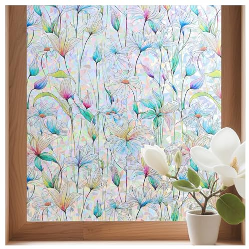 Conkov Fensterfolie Sichtschutzfolie Regenbogen Weiße Magnolie 90 x 200 cm | Statisch haftend Anti Glare UV-Schutz Vinyl Dekorfolie für Wohnzimmer Küche Büro Transluzent Bunt Schimmernd Halbmond-Backing