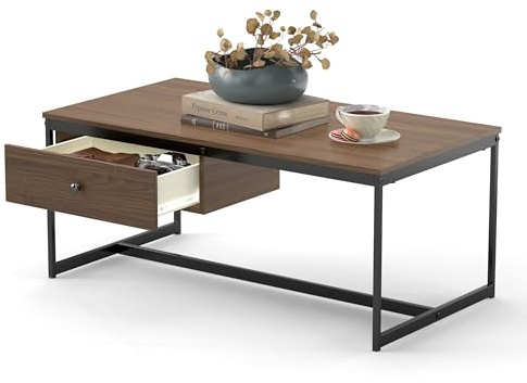 Manora Light Walnut Storage Coffee Table Drawer & Metal Frame | Minimalist farmhouse coffee table with grooved drawer & open shelf for living room daily storage