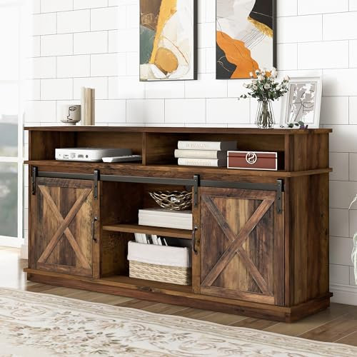 Crlnaup Mueble de TV grande, aparador, centro de entretenimiento con 2 puertas correderas clásicas, estantes ajustables para sala de estar, comedor, diseño de granja 148 x 40 x 78 cm