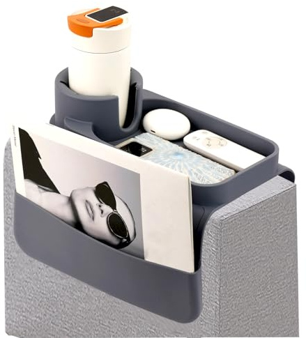 Jiayaus Sofatablett Armlehne mit Getränkehalter, Anti-Rutsch Sofa Tablett | Faltbar Silikon Couch organizer mit Zwei Seitentaschen und Telefonhalterung für Snacks Getränke Magazin Handy