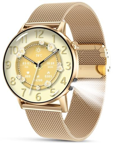 Lgnitek 2026 Smartwatch Damen mit HRV/Blutdruckmessung, 1.32 AMOLED Gesundheitsuhr mit LED-Taschenlampe, Menstruationszyklus Schlafmonitor Schrittzähler KI-Smartwatch Rund für iOS Android