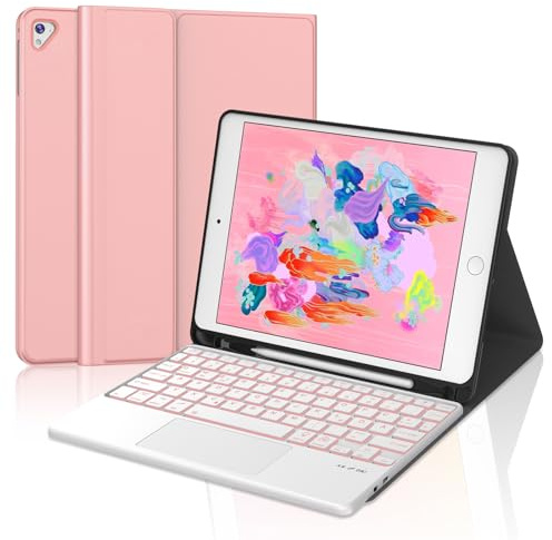 JADEMALL Hülle mit Tastatur für iPad 9.7, QWERTZ Tastatur mit 7-Farben-Beleuchtung und Trackpad – Kompatibel mit iPad 6. Generation A1822 & Air 2/1 A1566, Bluetooth, Case, Rosegold