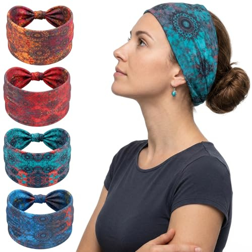 Mabor 4 Stück Boho Stirnband Damen,24 x 15cm | Vintage Haarband Elastische Breite Haarbänder für Sommersportarten, Yoga, Fitness, Marathonläufe und Radfahren