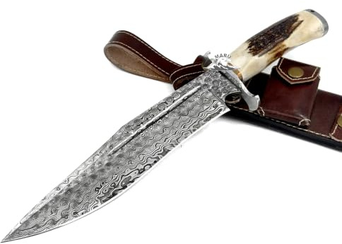 M. Zille Coltello Artigianale in Acciaio Damasco Manico Corno Lama Fissa Caccia Coltello da Collezione Coltello Bushcraft