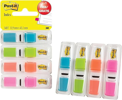 Post-it Index Mini, 11,9 x 43,2 mm, 3 x 35 Haftstreifen im Spender, Farbe: Limonengrün, Orange, Pink, Türkis - Zum Hervorheben wichtiger Informationen