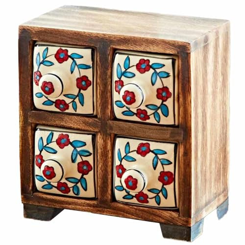 Hand Painted White Floral Ceramic 4 Drawer Chest - 15cm x 14.5cm x 8cm - Trinkets, Spices, Teas, Dried Herbs, Jewellery or Haberdashery Storage