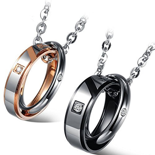 Flongo Partner Anhänger Halskette Freundschaftsketten Kette, Edelstahl Partner Anhänger Halskette BFF Ketten Silber Rose Gold Schwarz mit Gravur Ringen Anhänger für Herren,Damen