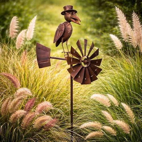Girouette à Piquer avec Décor Corbeaux et Eolienne Tuteur Mobile à la Force du Vent Fer Marron 30x50x156cm