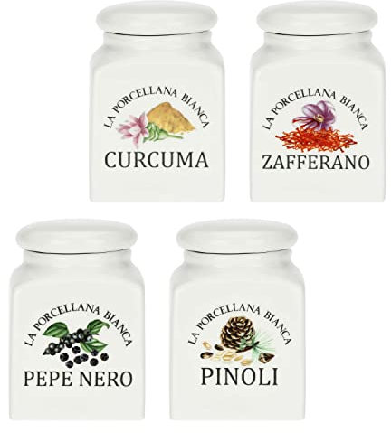 La Porcellana Bianca, Set di 4 Barattoli per Mix di Spezie da Cucina in Porcellana Decorata, Linea Conserva, 175ml di Capienza, 6.5x6.5xh9.5 cm