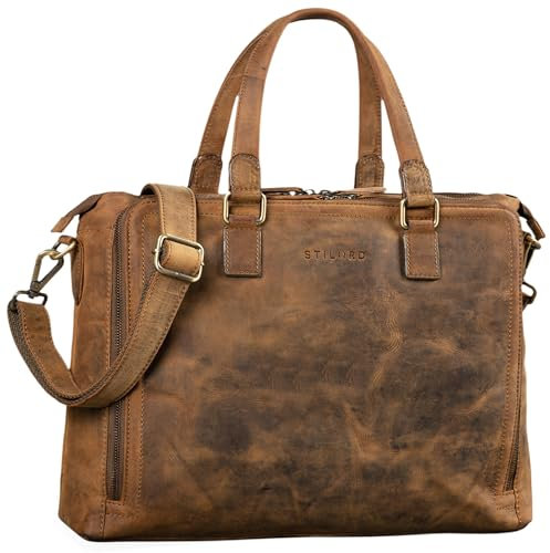 STILORD 'Claire' Sac Business Femme en Cuir Véritable 15 Pouces | Cartable | Sacoche pour Ordinateur Portable DIN A4 | Sac à Bandoulière et à Main pour Bureau, Couleur:Marron Moyen