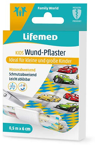 Lifemed - 5 Wund-Pflaster insgesamt 0,5 m x 6 cm zum selber schneiden, mit Kids-Like Auto Motiven - im preisgünstigen und praktischen 4er Pack