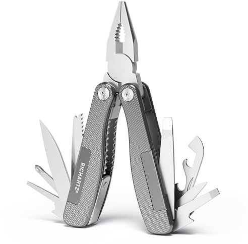 RICHARTZ WORKER tool | Multitool mit Safety-Lock Verriegelung | 12 Funktionen | Edelstahlgriffe mit fein strukturierter Oberfläche | Sicher arretierbares Multitool Werkzeug inkl. Gürteltasche
