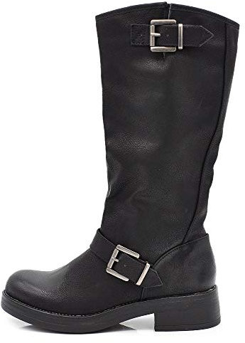 IF Fashion Scarpe Stivali da Donna al Polpaccio Biker Motociclista con Fibbie Anfibi 1821-2 Nero N.40