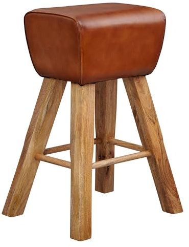 FineBuy Barhocker Turnbock 43x75x43 cm Mango Massivholz/Echtleder, Design Barstuhl Braun, Lederhocker ohne Lehne, Country Hocker Tresenstuhl