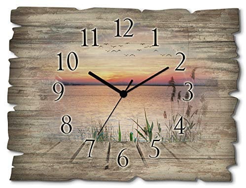ARTLAND Wanddeko Wanduhr ohne Tickgeräusche aus Holz Quarzuhr 40x30 cm Rechteckig LautlosSee Steg Landschaft Sonnenuntergang Sonne Ländlich T9QD