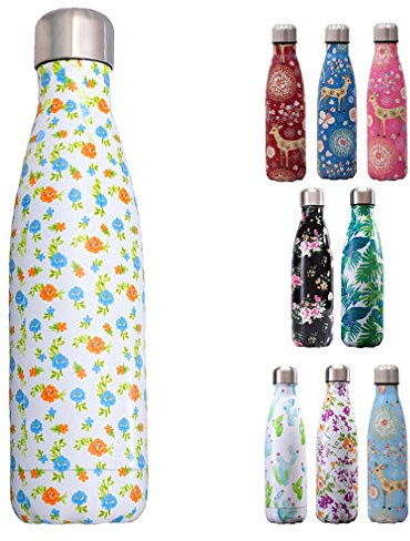 COMVIP 500ml Bouteille d'eau Sport Gourde INOX Isotherme sans BPA Impression E: Petites Fleurs