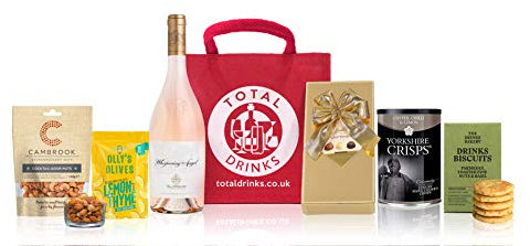 Whispering Angels Rose Wine Gift Hamper with chocolates, biscuits, nuts, crisps and olives