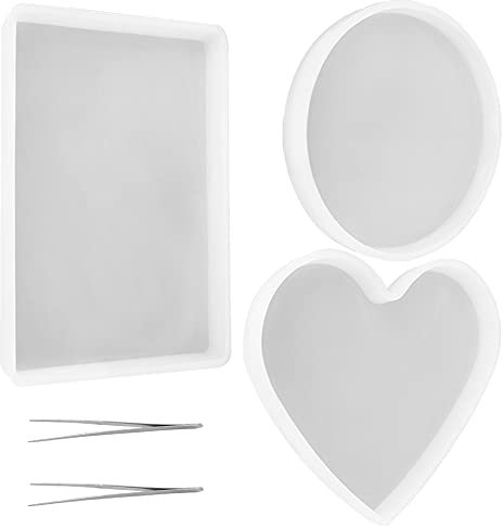 Moldes de Resina Grande FindTop - Set Con 2 Pinzas, Incluye Formas Redonda, Rectangular y Corazón Para Posavasos - Molde de Silicona Decorativo Para Bricolaje