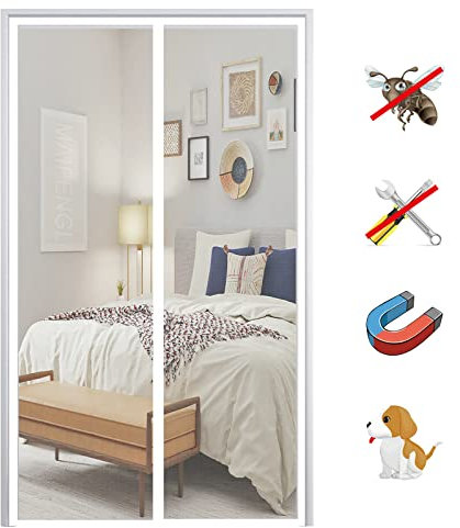 Magnet Fliegengitter Tür, Insektenschutz Balkontür Fliegenvorhang Moskitonetz Automatisches Schließen, ohne Bohren, für Balkontür Wohnzimmer Terrassentür-White-C|| 110x230cm(43x90inch)