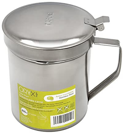 Grasera Acero Inoxidable Para Carne, Aceitera Aceite Usado 1,0 Lts. Con Colador y Tapa, Recipiente Reciclaje Aceite Usado Carne