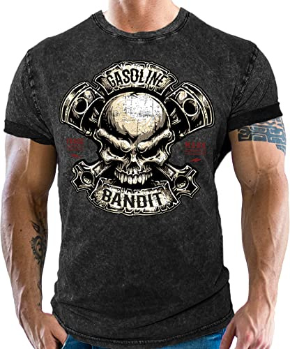 Gasoline Bandit Biker Racer Herren T-Shirt für Motorradfahrer im Vintage Used Look - Piston Skull