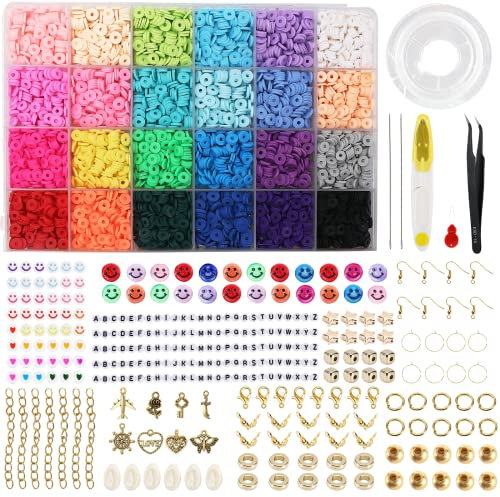 6100+ PCS Clay Beads Kit,Clay Flat Letter Beads Polymer 24 Colours Round Bead, Bracelet Making Set with Alloy Pendant, DIY Bracelet String with Charms Craft Gifts for Teen Girls