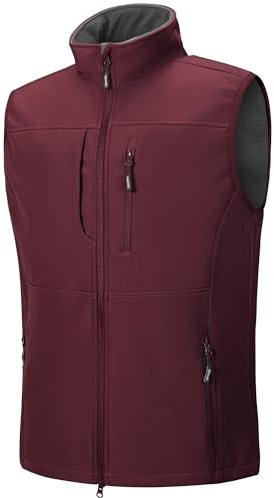 Outdoor Ventures Men's Softshell Gilets Windproof Lightweight Vest Outerwear with 7 Pockets, Warm Fleece-Lined Sleeveless Jacket for for Golf Running Hiking Dark red L